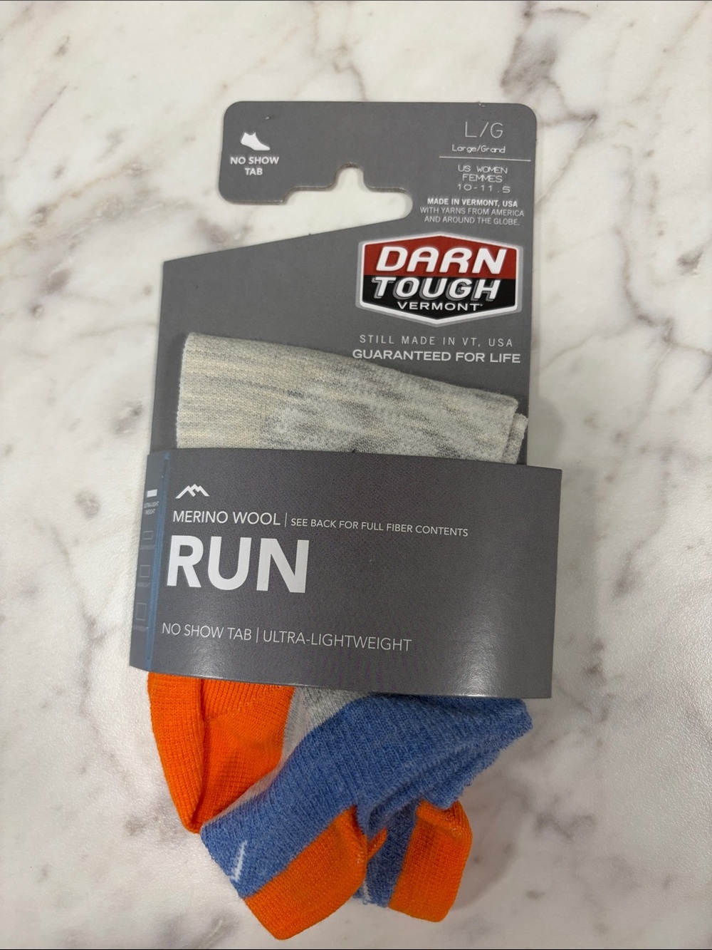 Darn Tough Run No-Show Merino Wool Socks in Gray, Blue & Orange. Large